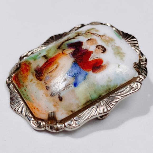 VTG Hand-Painted Porcelain Brooch Courting Silver Tone 1940s Rococo Revival - Picture 3 of 11